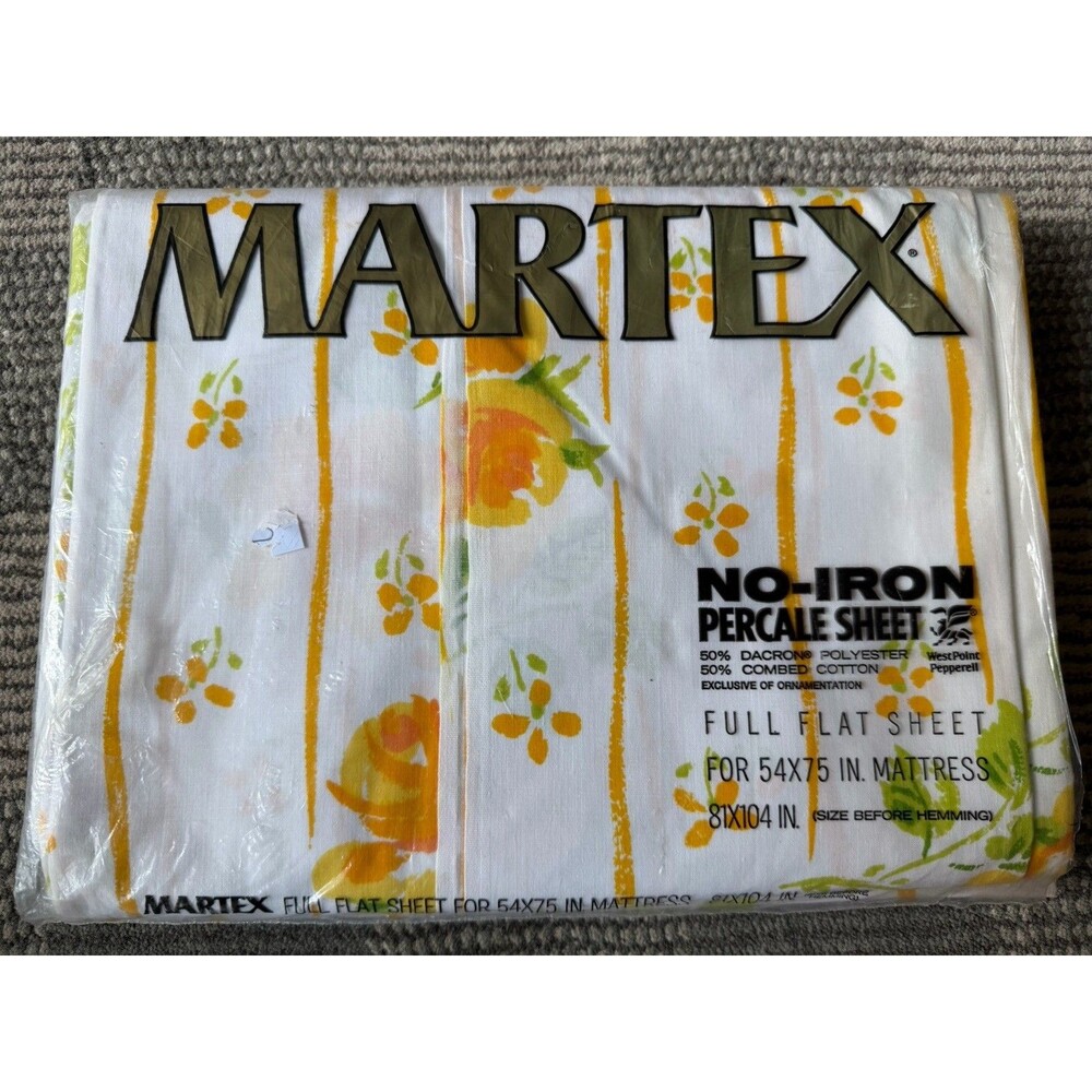 Vintage Martex Yelllow/Orange Flowers No-Iron Percale Full Flat Sheet USA - New